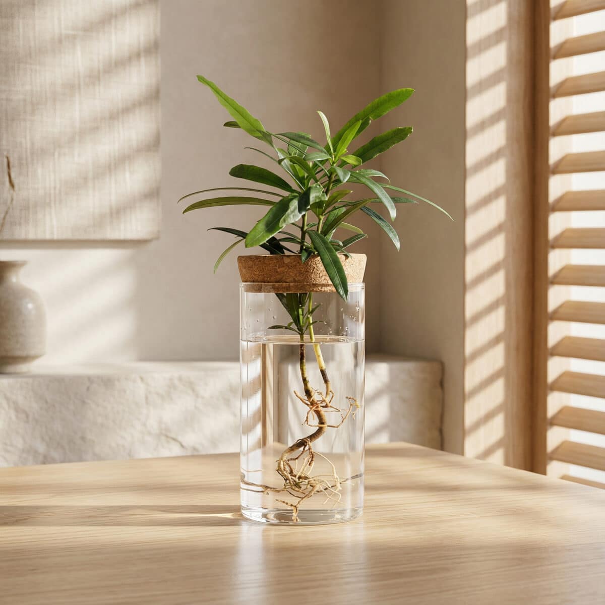 Vase minimaliste hydroponique en verre transparent avec bouture de plante, racines visibles dans l’eau claire, posé sur une table dans une décoration japandi lumineuse et apaisante.