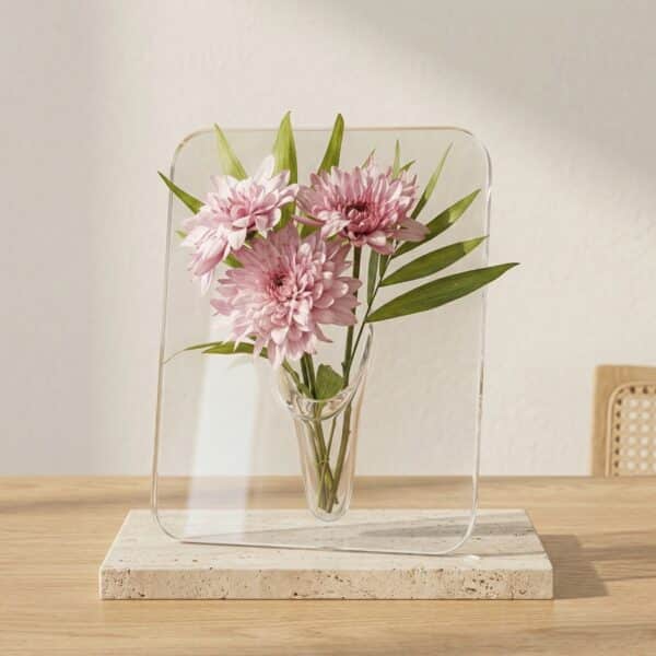 Sur une table lumineuse, le vase transparent carré en acrylique ressemble à un cadre clair rempli d’eau où une fleur semble flotter, créant un effet moderne et minimaliste.