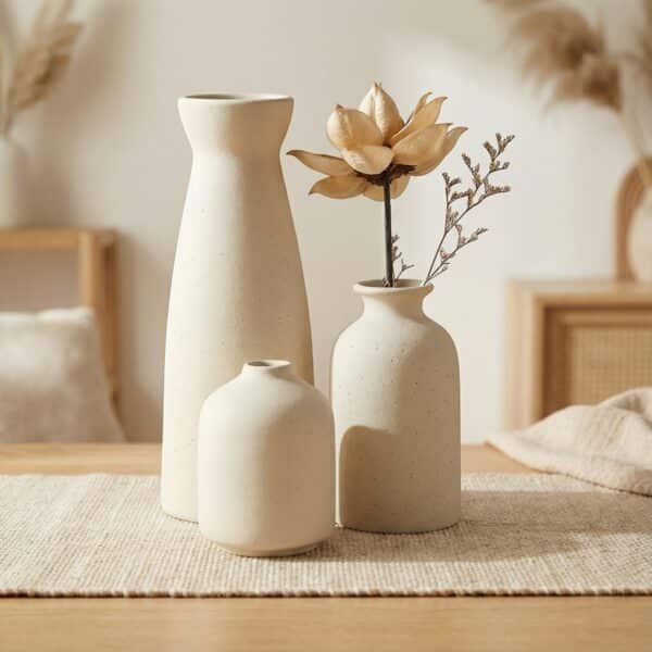 Set de 3 vases modernes en céramique beige texturée de trois tailles différentes.