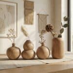 4 vases japonais en bois pour fleurs posés sur une table dans un environnement aux teintes chaudes et chaleureuses de beige et taupe.