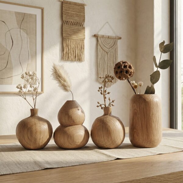 4 vases japonais en bois pour fleurs posés sur une table dans un environnement aux teintes chaudes et chaleureuses de beige et taupe.