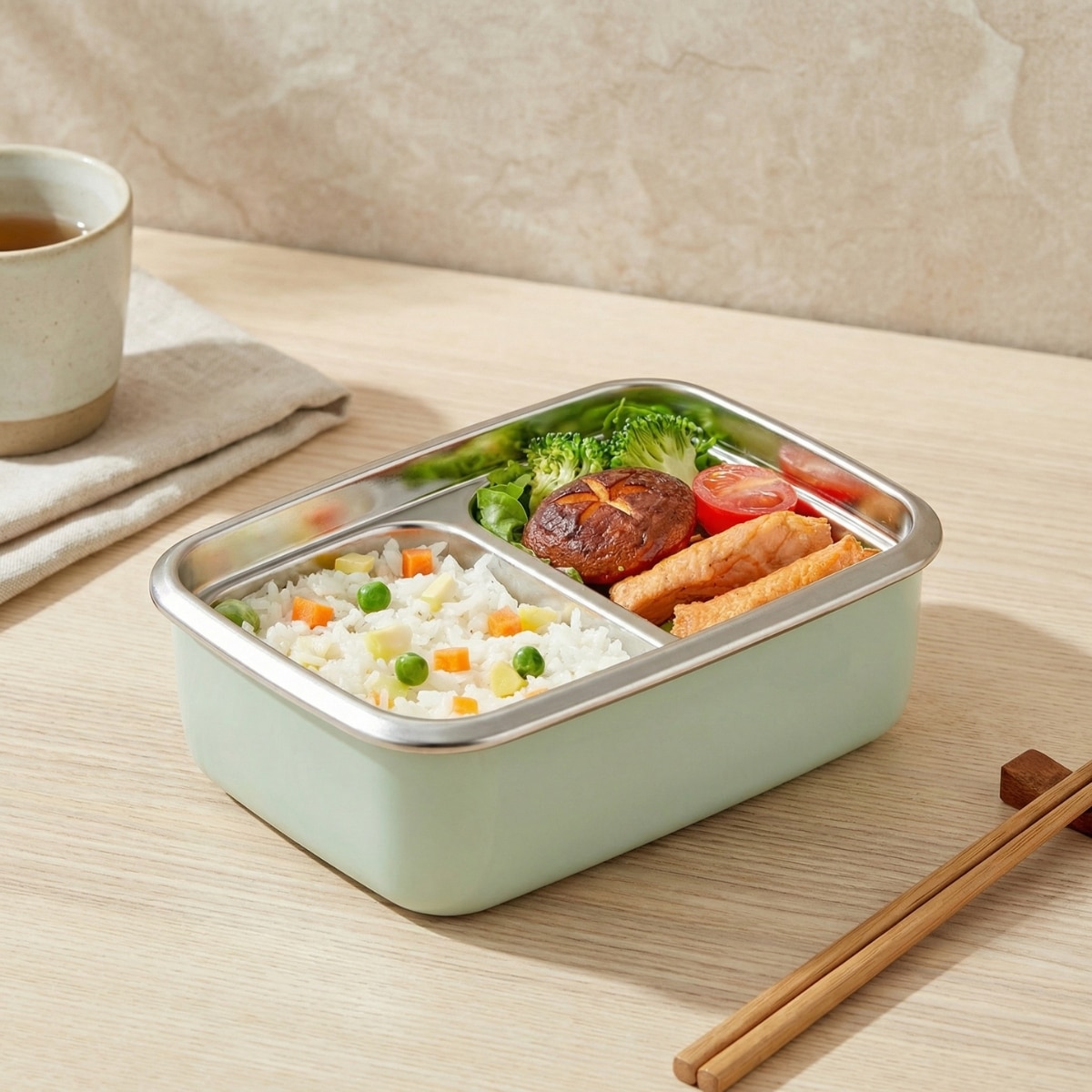 Bento japonais en acier inoxydable coloris pastel — style japandi