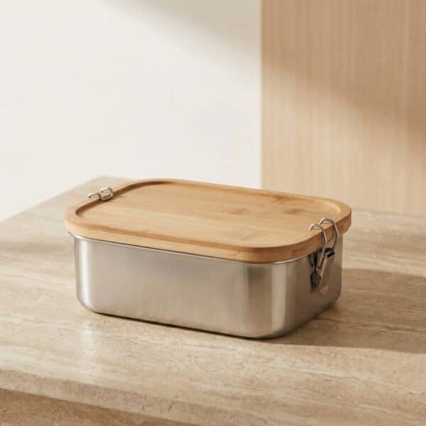 Bento japonais en acier inoxydable et bambou, posé sur une table beige
