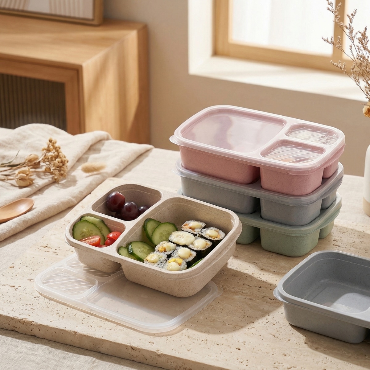 Bento japonais pastel en fibre de blé recyclée — style japandi
