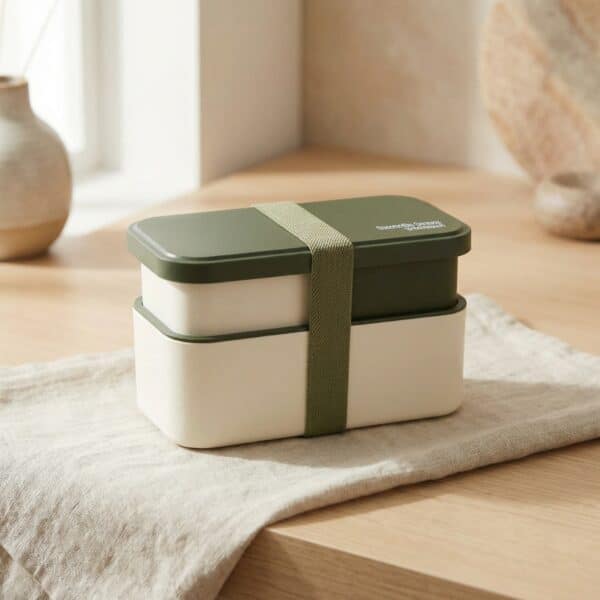 Bento japonais vert et beige, posé sur une table beige