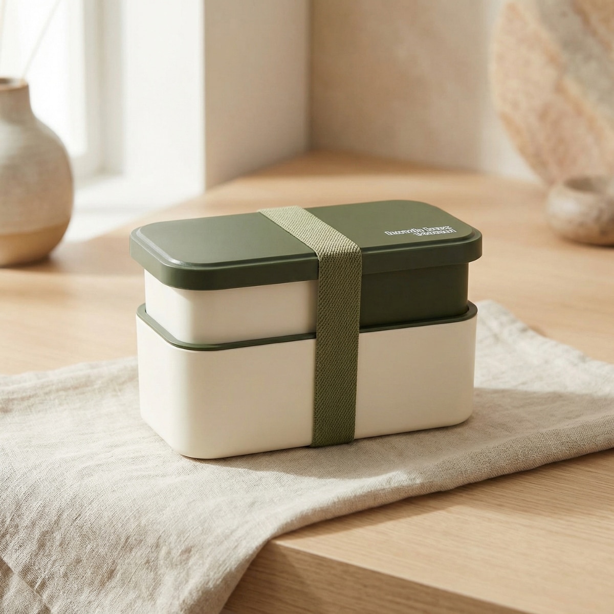 Bento japonais vert et beige, posé sur une table beige