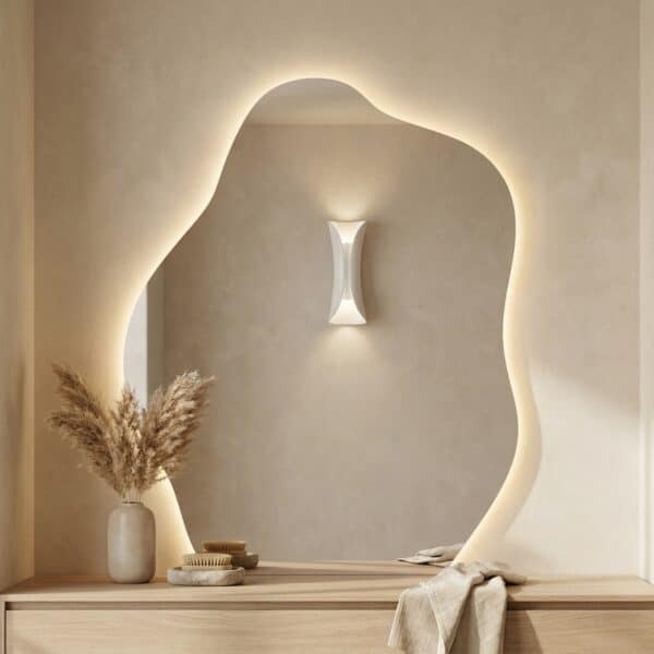 Miroir Japandi de forme organique à rétroéclairage LED, sur un mur beige