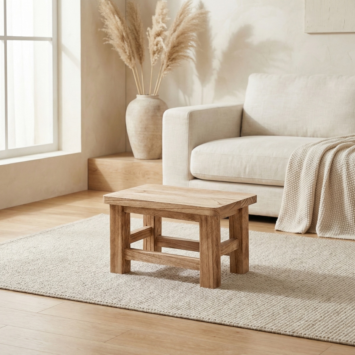 Petit tabouret Japandi rectangulaire en bois naturel — style japandi