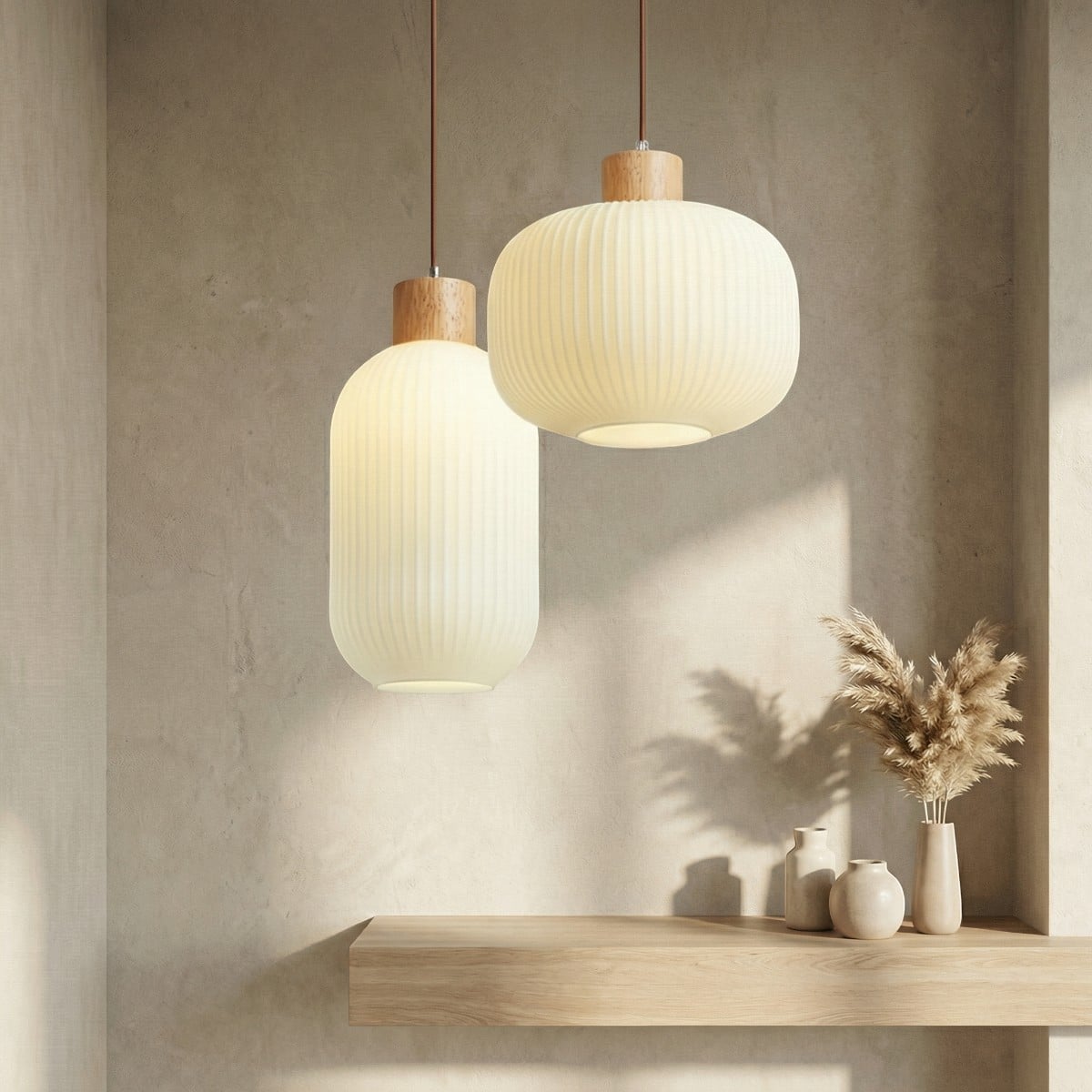 Suspension japandi en verre et bois ambiance zen, luminaire au design japandi