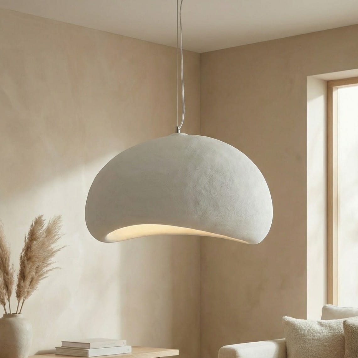 Suspension japandi minimaliste pour une lumière douce en forme de dôme blanc texturé, suspendue au-dessus d'un canapé beige dans un salon aux tons naturels.