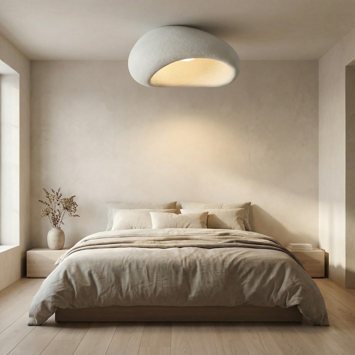 Plafonnier japandi blanc forme organique lumière douce, luminaire au design japandi