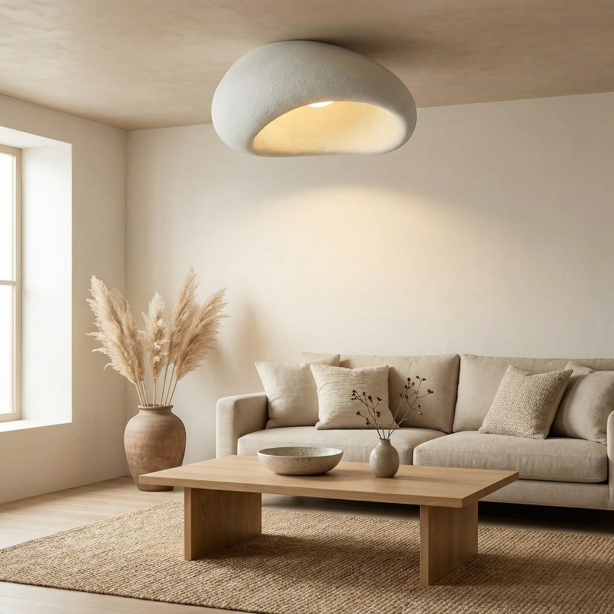 Plafonnier japandi blanc forme organique lumière douce, luminaire au design japandi