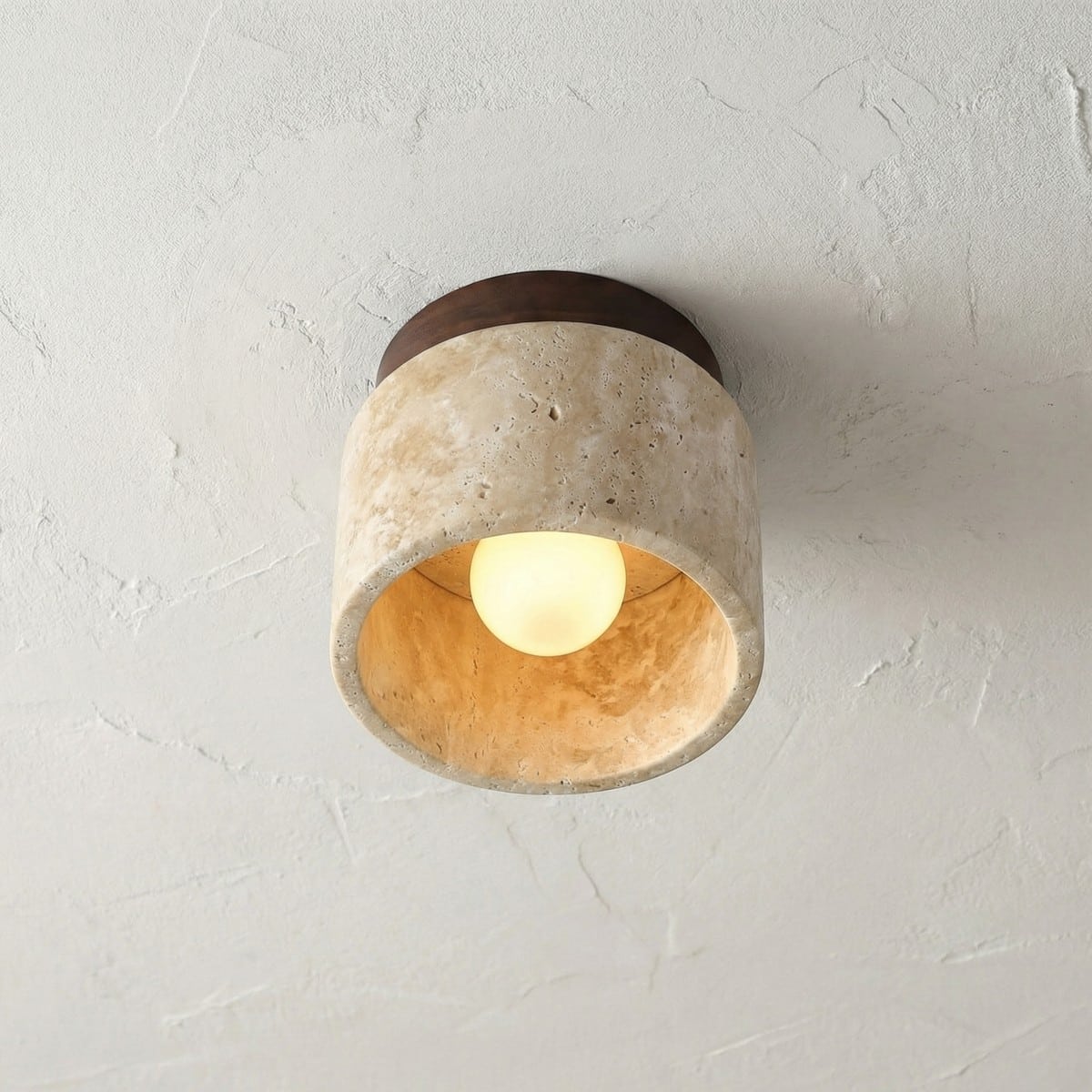 Plafonnier Japandi cylindrique pierre et bois naturel, luminaire au design japandi