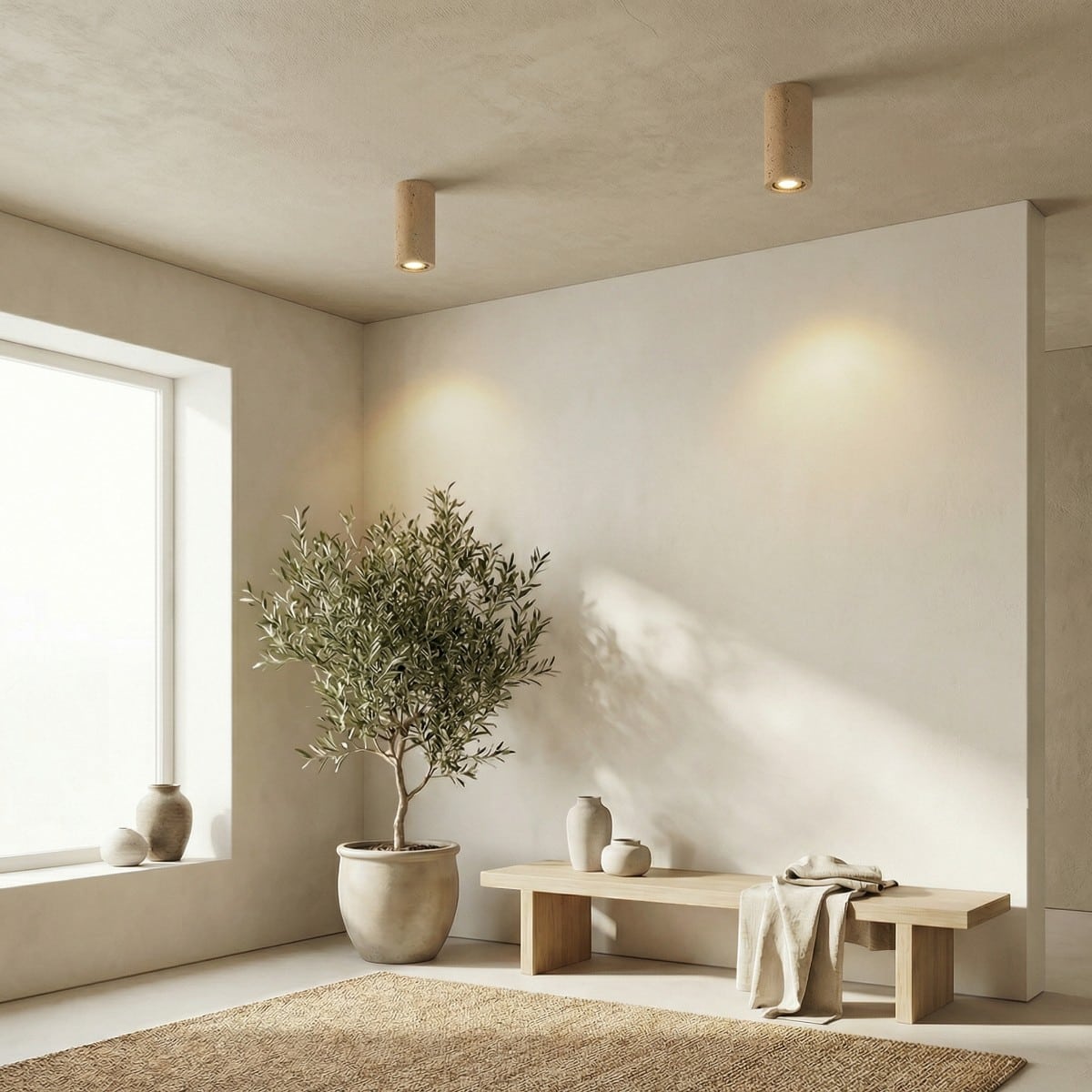 Spot plafonnier Japandi travertin naturel minimaliste beige, luminaire au design japandi