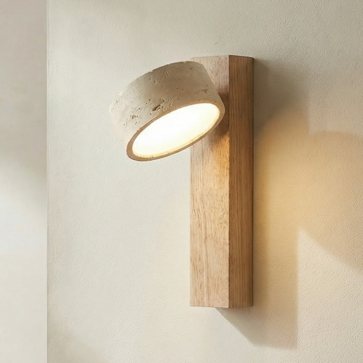 Applique murale Japandi orientable en bois clair et pierre travertin beige allumée sur un mur couleur lin.
