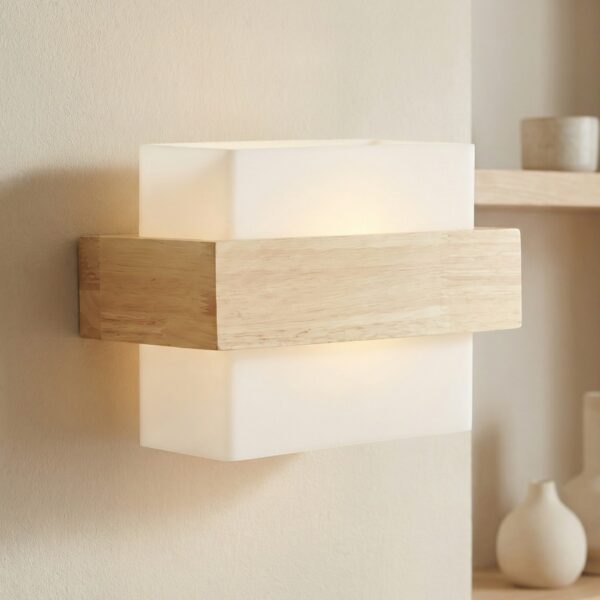 Applique murale Japandi verre satiné et bois naturel allumée sur mur beige, double diffusion lumière chaude, étagère bois avec vase céramique blanc en arrière-plan.