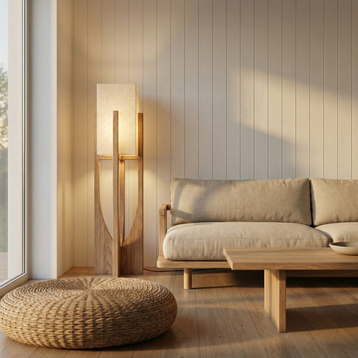 Lampadaire Japandi design épuré en bois et tissu beige, luminaire au design japandi