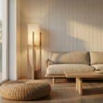 Lampadaire Japandi design épuré en bois et tissu beige, luminaire au design japandi