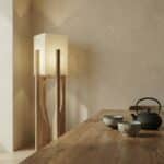 Lampadaire Japandi design épuré en bois et tissu beige, luminaire au design japandi