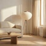 Lampadaire trépied Japandi au papier blanc chaleureux, luminaire au design japandi