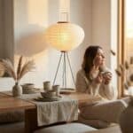 Lampadaire trépied Japandi au papier blanc chaleureux, luminaire au design japandi