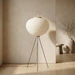 Lampadaire trépied Japandi au papier blanc chaleureux, luminaire au design japandi