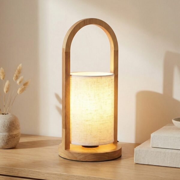 Lampe de table bois japandi épuré en bois massif arche, abat-jour lin cylindrique diffusant lumière chaude douce, posée sur meuble bois ambiance zen minimaliste.