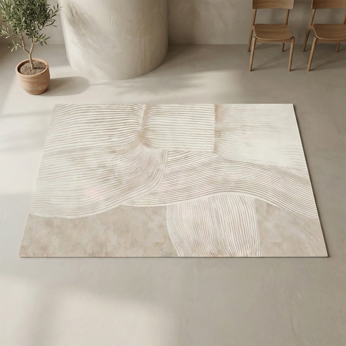 Tapis Japandi beige rectangulaire lignes ondulées zen, décoration d'intérieur style japandi