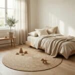 Tapis Japandi rond en jute tressée naturelle et artisanale, décoration d'intérieur style japandi