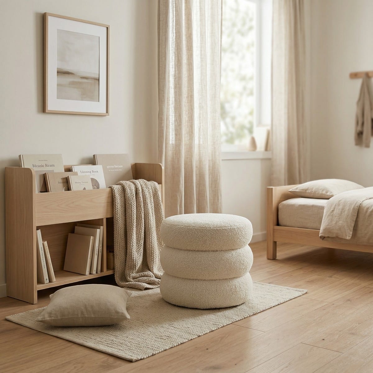 Pouf Japandi bouclette beige style minimaliste, décoration d'intérieur style japandi