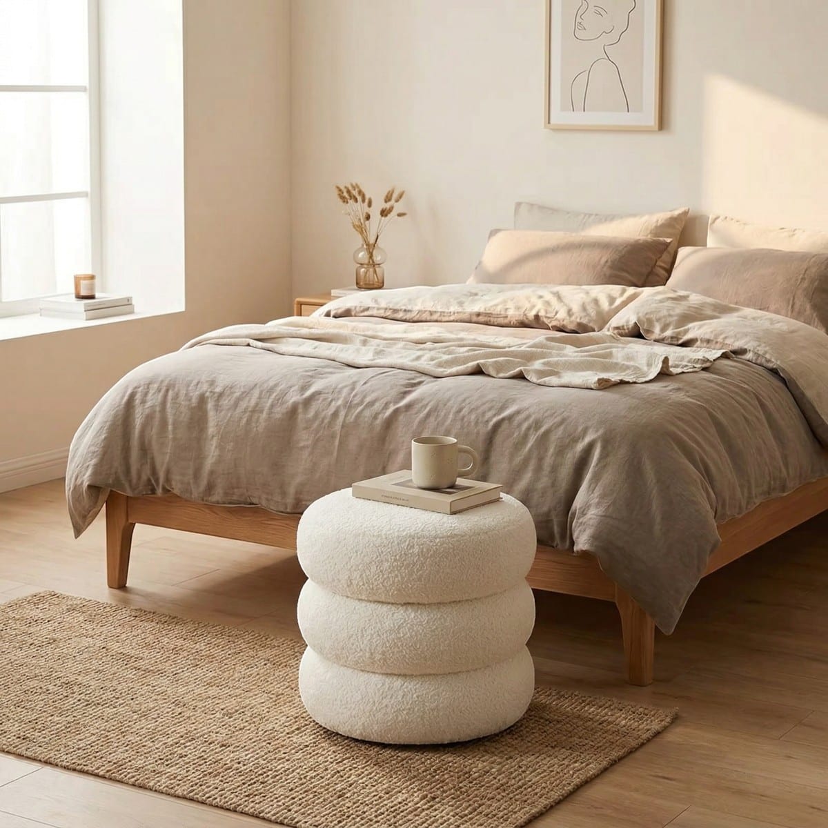 Pouf Japandi bouclette beige style minimaliste, décoration d'intérieur style japandi