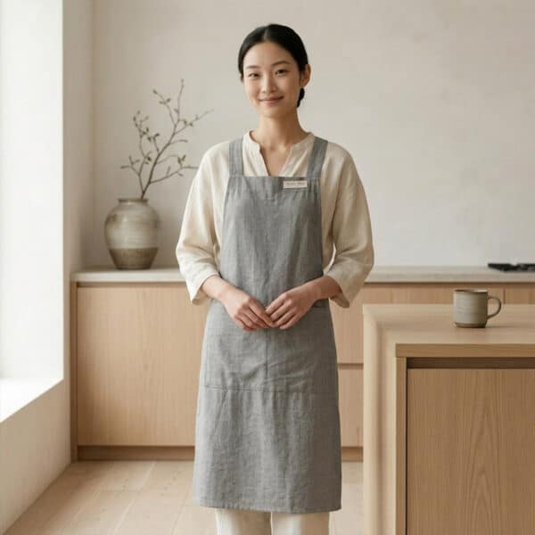 Une femme asiatique portant un tablier japonais en lin à couleur unie de couleur grise dans une cuisine au style épuré.