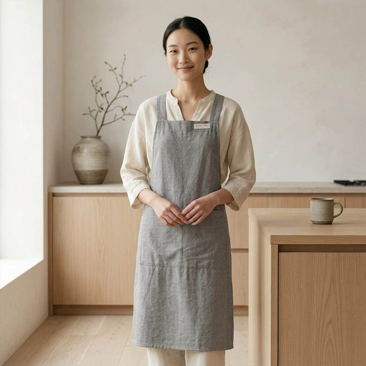 Une femme asiatique portant un tablier japonais en lin à couleur unie de couleur grise dans une cuisine au style épuré.