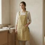 Une femme portant un tablier japonais de travail imperméable de couleur khaki dans une cuisine minimaliste stye japandi.