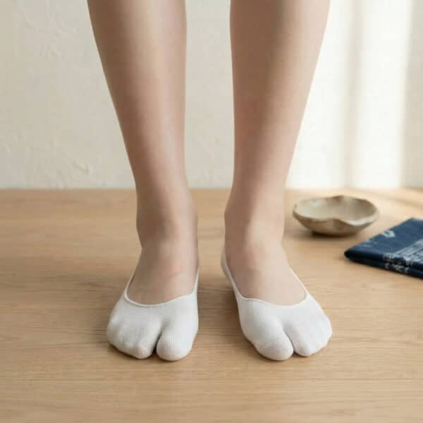 Une paire de chaussettes japonaises invisibles de couleur blanche avec une séparation pour le gros orteil, portée sur un parquet clair.