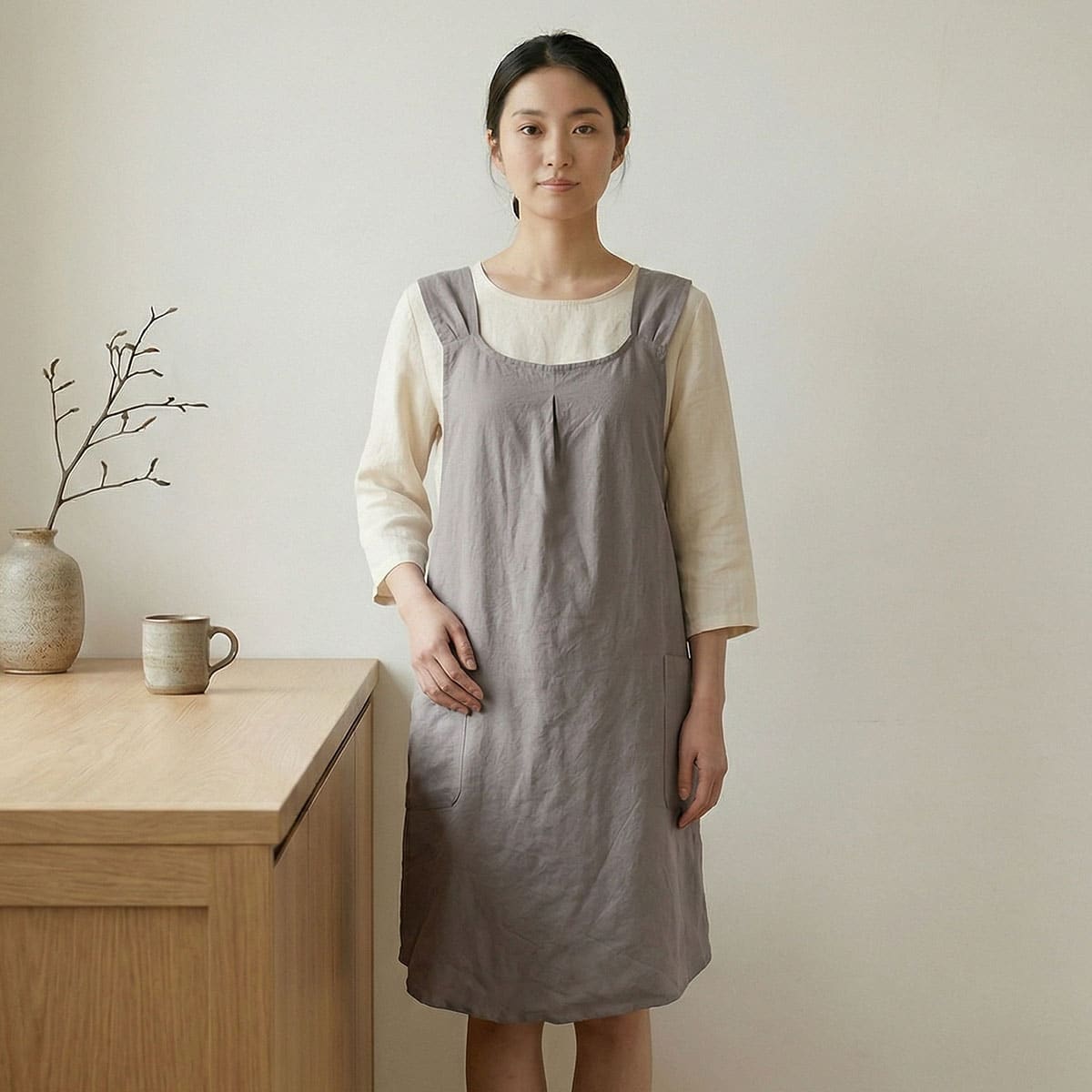 Une femme, debout près d'un meuble en bois et d'un mur blanc, portant un tablier japonais en lin et coton à dos croisé gris.