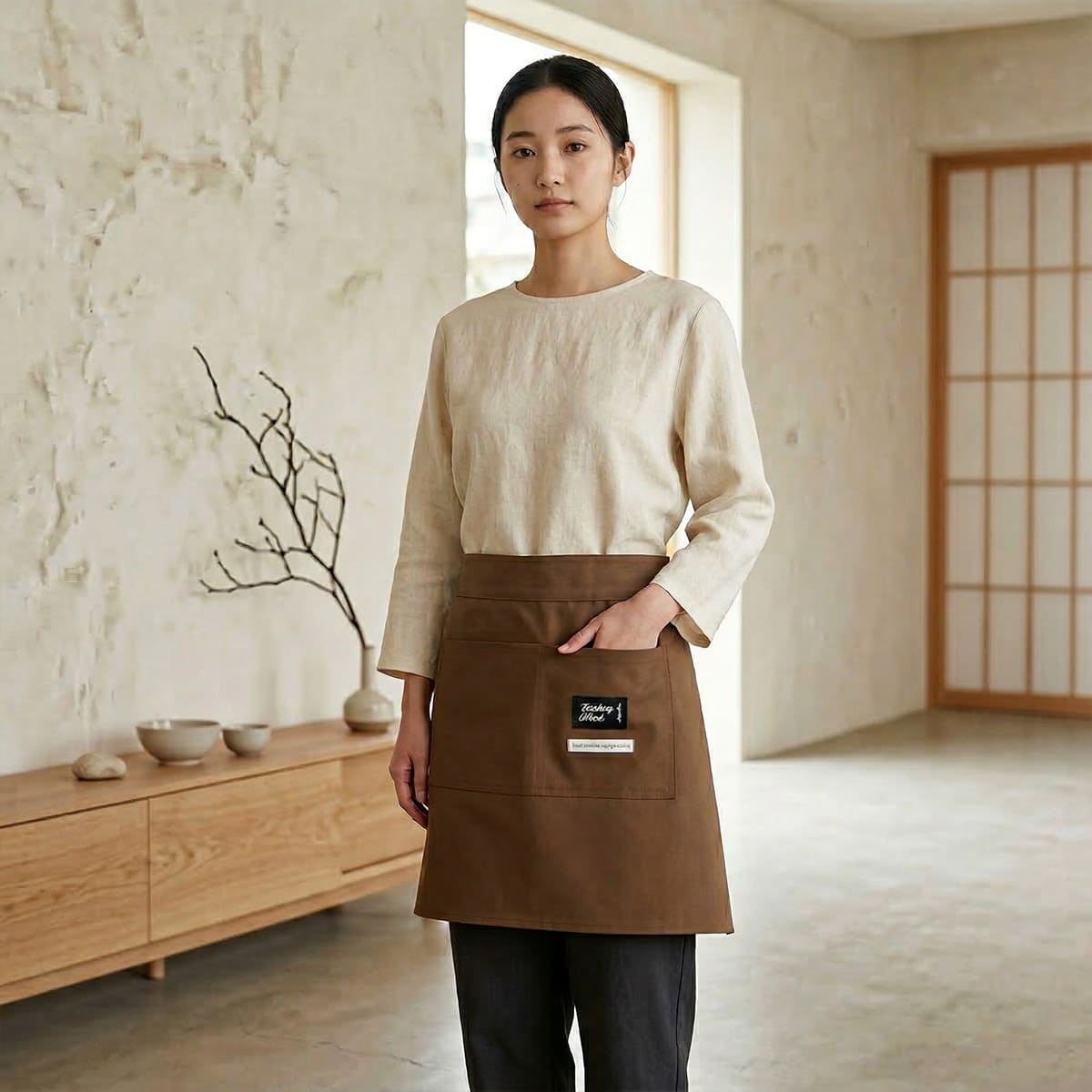 Une femme asiatique portant un tablier japonais de taille mi-long marron dans une pièce à décoration japonaise épurée.