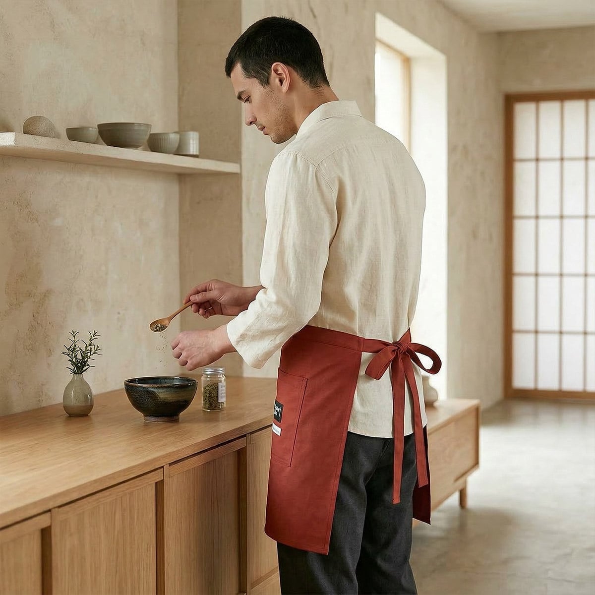 Tablier japonais de taille mi-long — style japandi