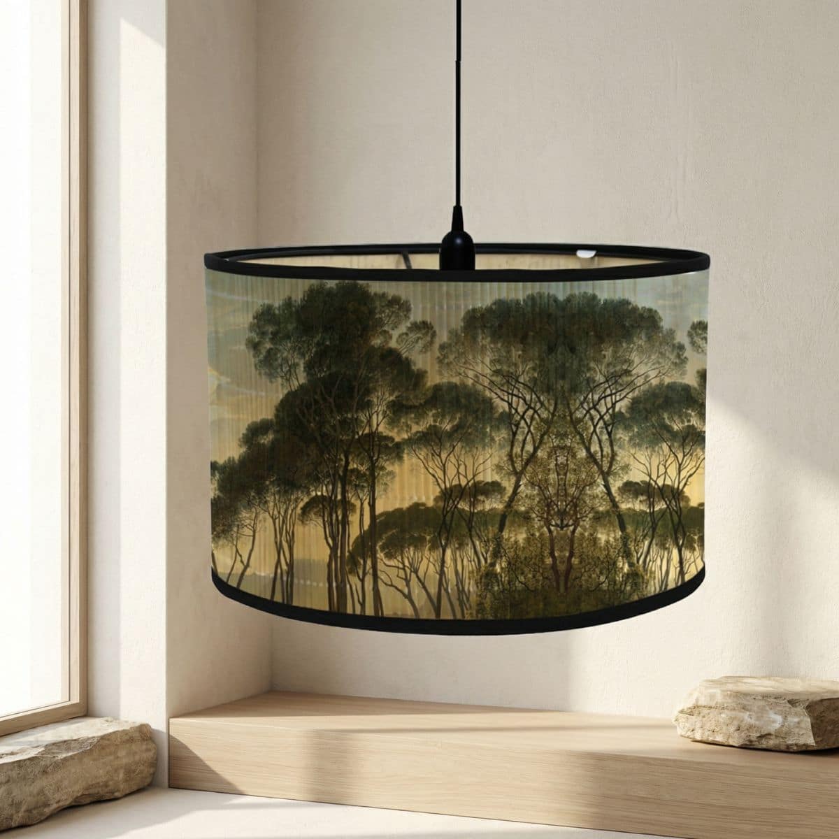 Abat-jour japandi à imprimé forêt japonaise, sur fond beige