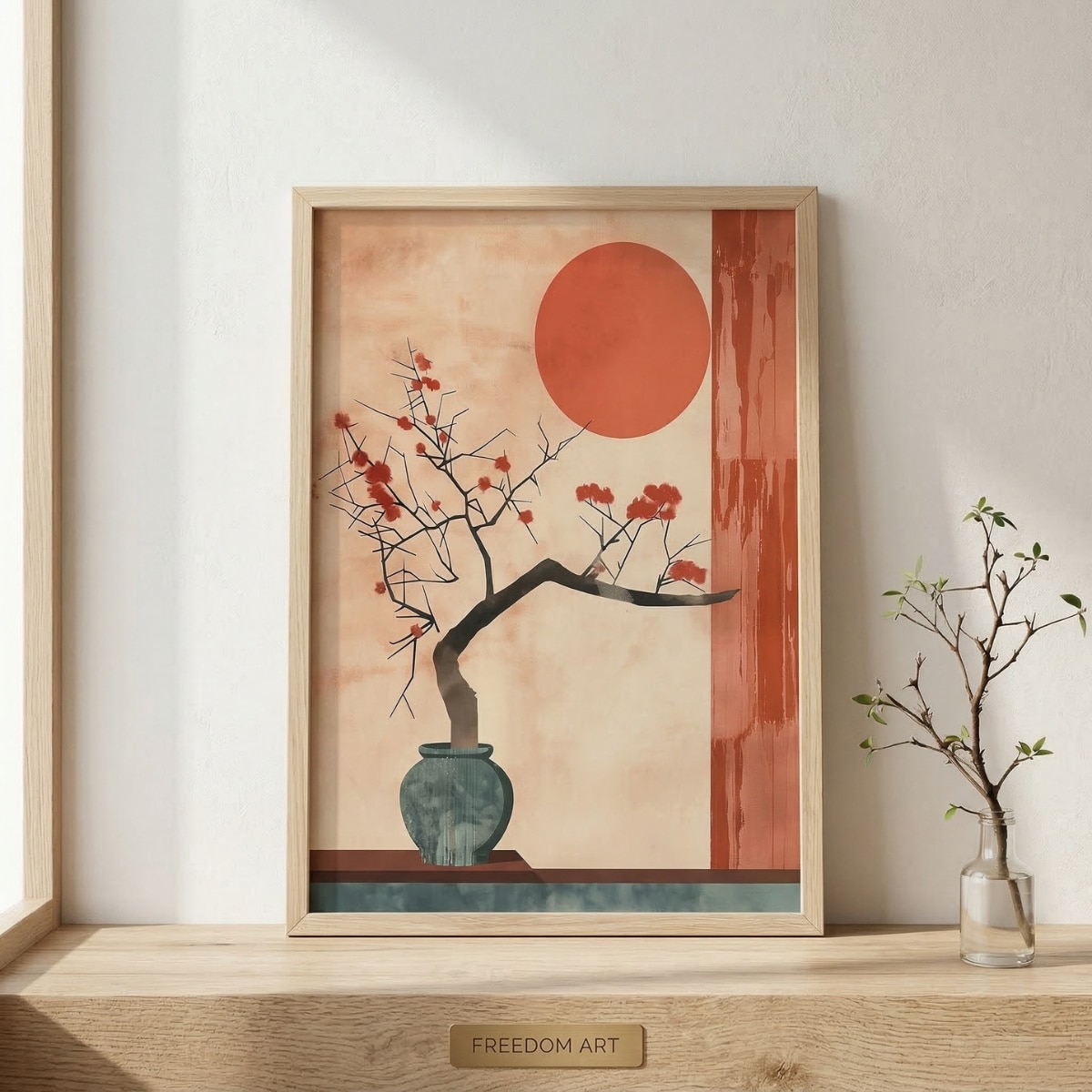 Affiche japandi avec une composition florale beige et terracotta, sur un mur beige