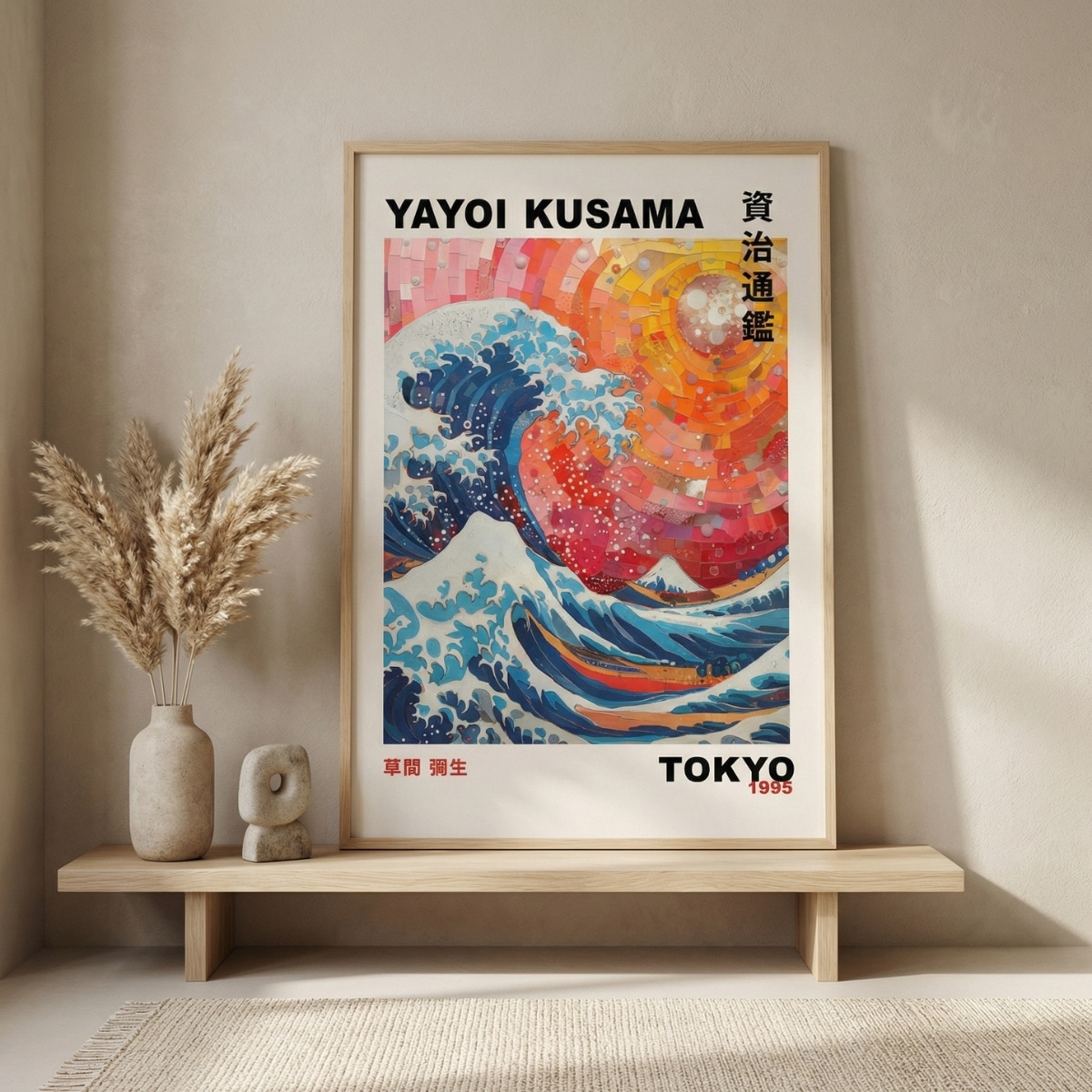 Affiche Japandi la grande vague, sur un mur beige