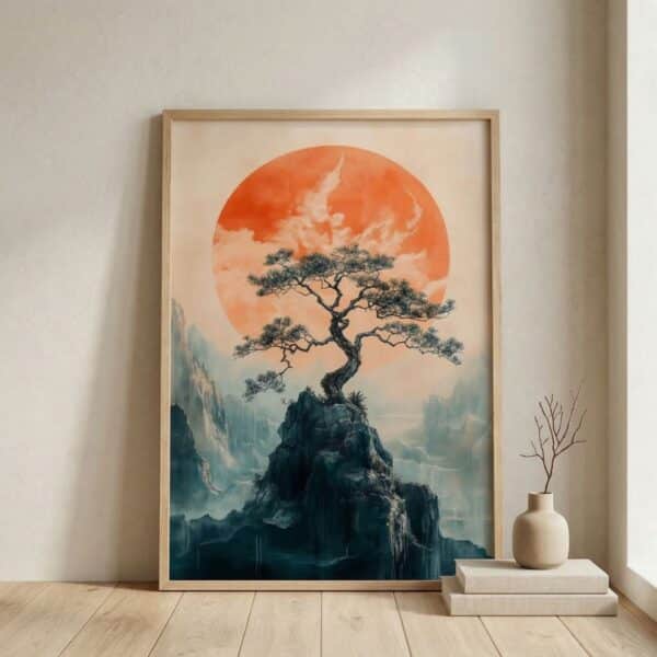Affiche japandi d'un paysage de pin sur une montagne, avec un soleil levant