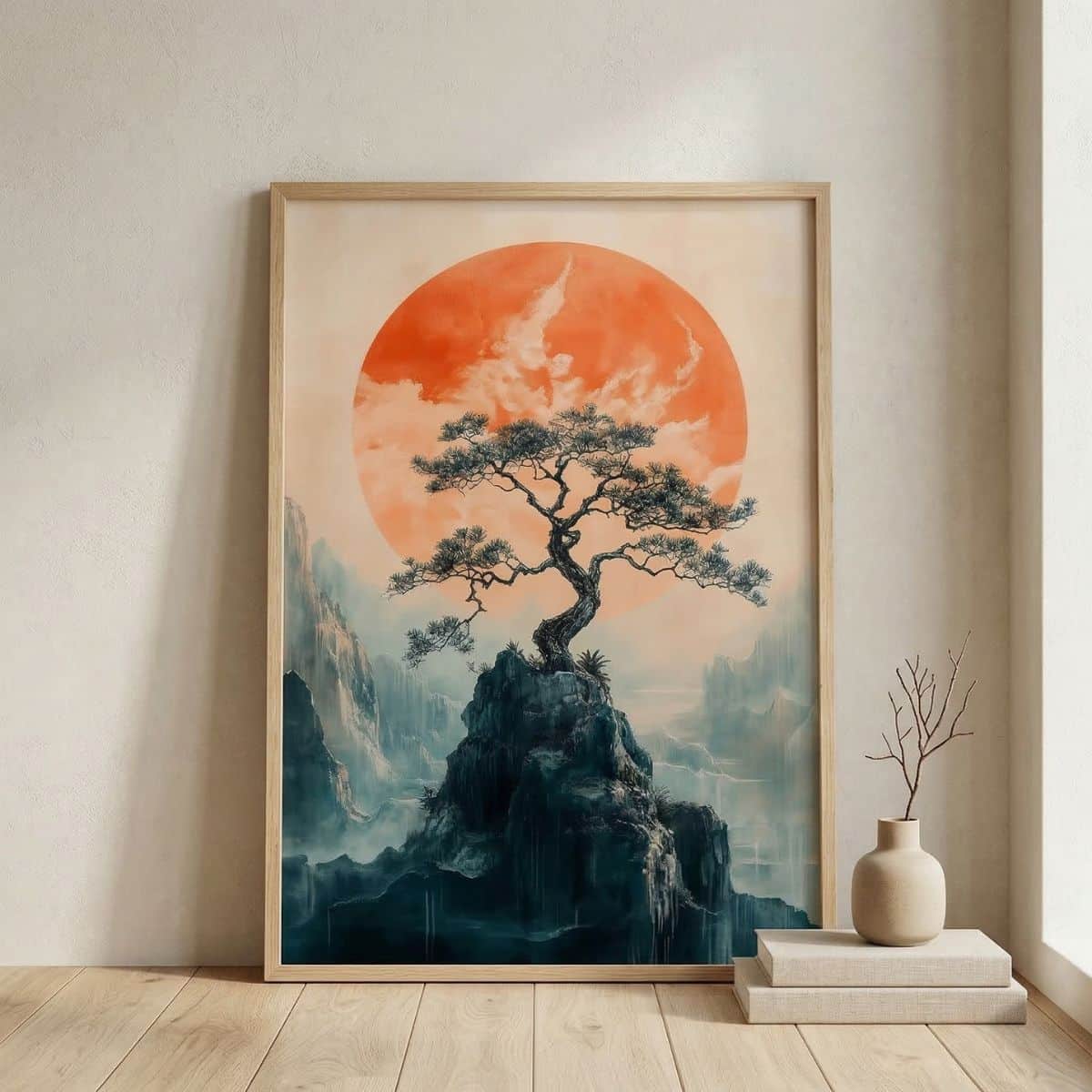 Affiche japandi d'un paysage de pin sur une montagne, avec un soleil levant