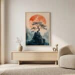 Affiche japandi paysage de pin et soleil levant — style japandi