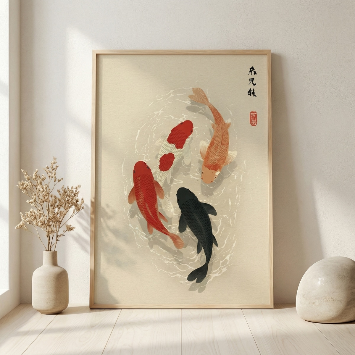 Affiche japandi avec des poissons koi, posé au sol contre un mur beige