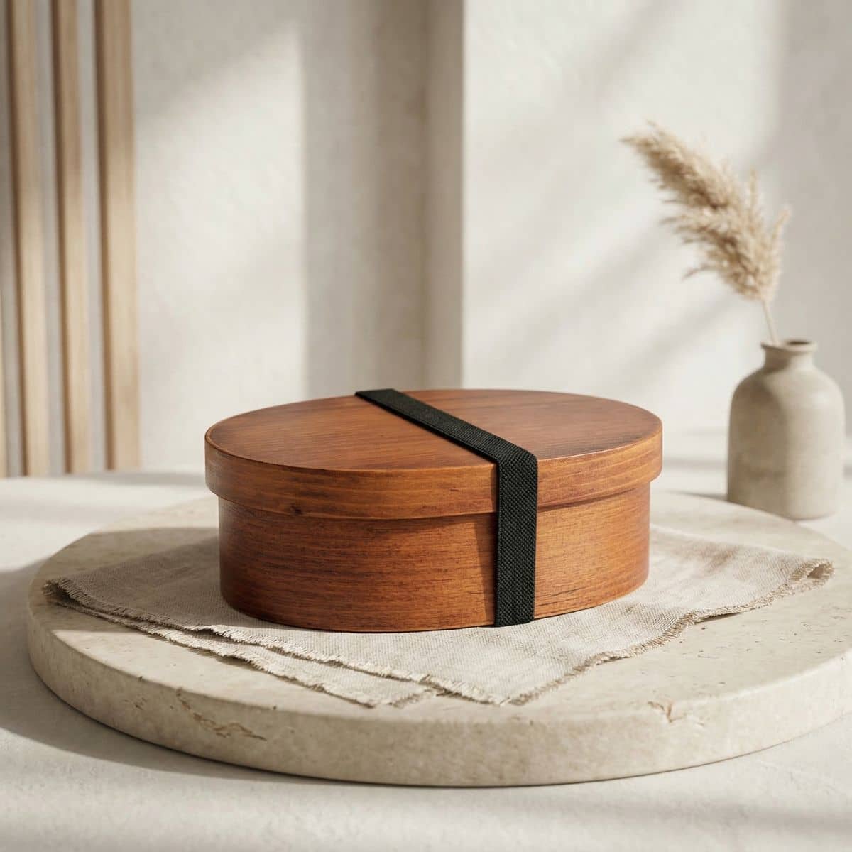 Bento japonais en bois foncé ovale au style traditionnel, posé sur un support beige