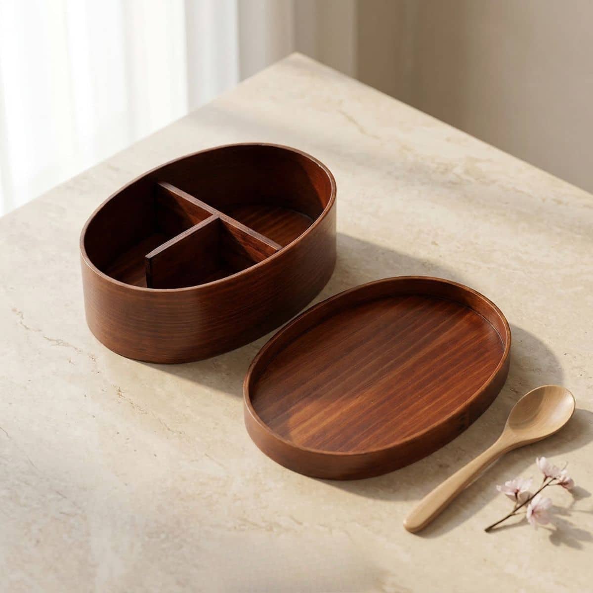 Bento japonais traditionnel en bois foncé fait main — style japandi