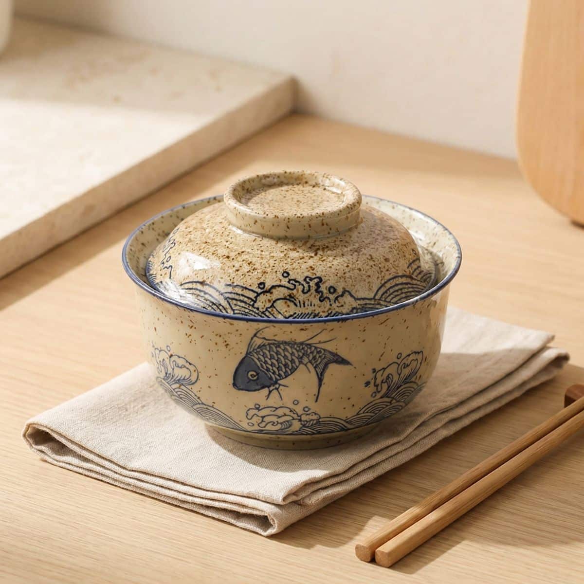 Bol japonais en céramique motif poisson à couvercle, décoration d'intérieur style japandi