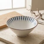 Bol japonais blanc et bleu pour ramen, sur une table beige