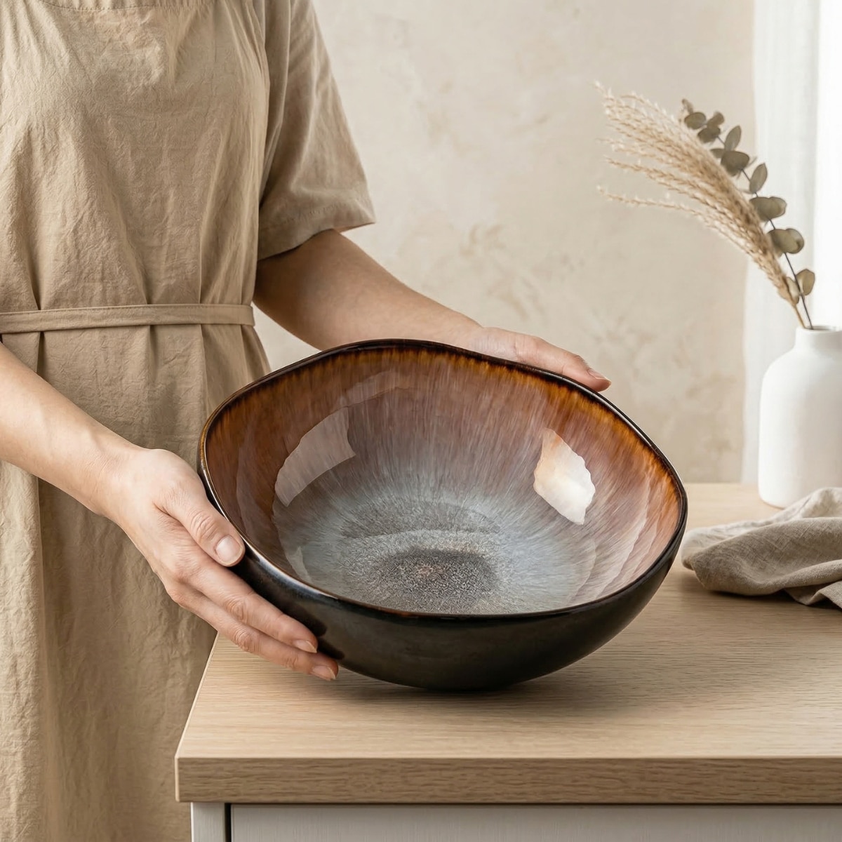 Grand bol japonais en céramique émaillée coloris naturel, décoration d'intérieur style japandi